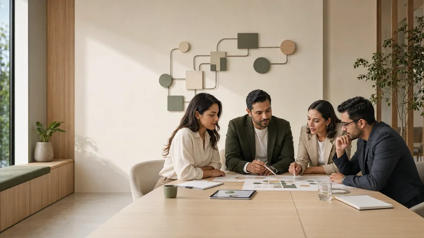 Equipo empresarial analizando una estrategia de bienestar corporativo