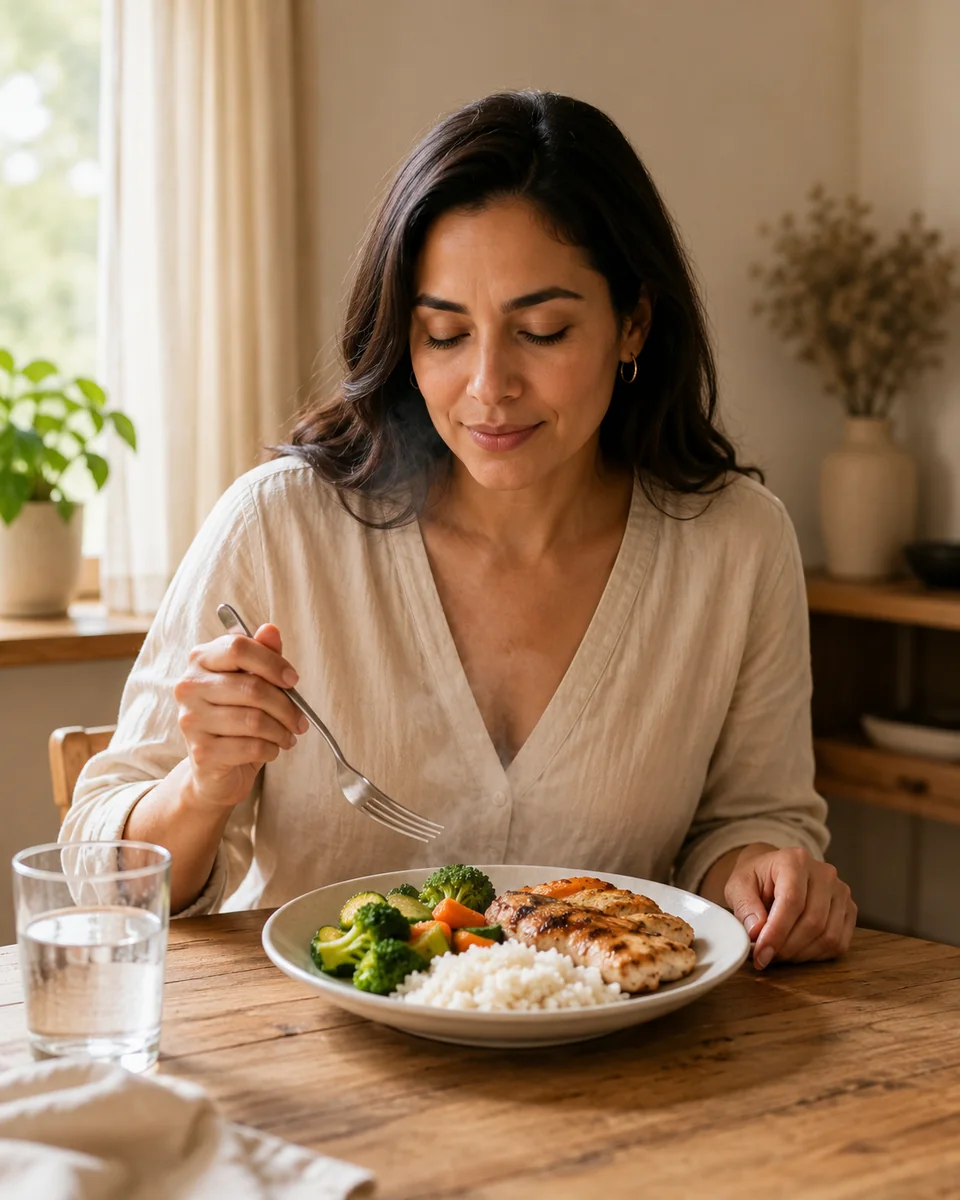 Mujer observando su comida antes de comer, en un entorno tranquilo