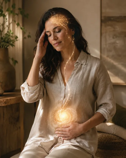 Mujer representando la comunicación entre el cerebro y el sistema digestivo