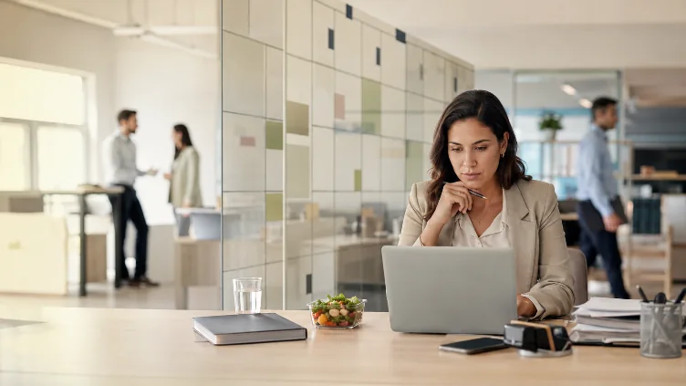Profesional trabajando frente a su computadora con una ensalada sobre el escritorio, en un entorno corporativo