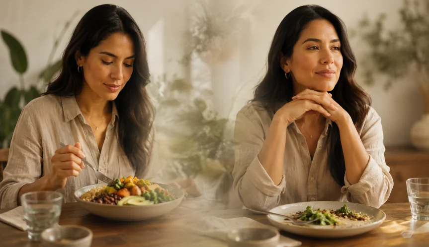 Mujer comiendo y haciendo una pausa para observar sus señales de satisfacción
