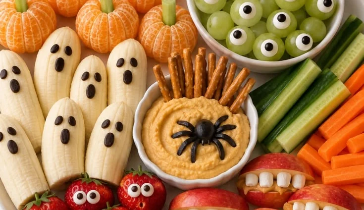 Bandeja de refrigerios festivos de Halloween con mandarinas decoradas como calabazas, plátanos fantasma, uvas, fresas, hummus, rodajas de manzana y bastones de verdura
