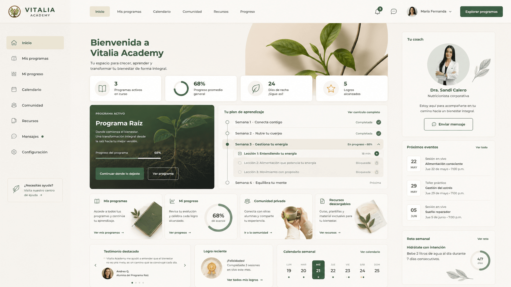 Dashboard privado de Vitalia Academy con progreso, programas y seguimiento